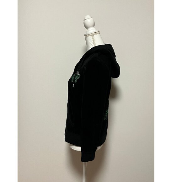 BCBG Maxazria Black Velour Hoodie With Green Butterflies, Size Large, Full Zip - Picture 9 of 13